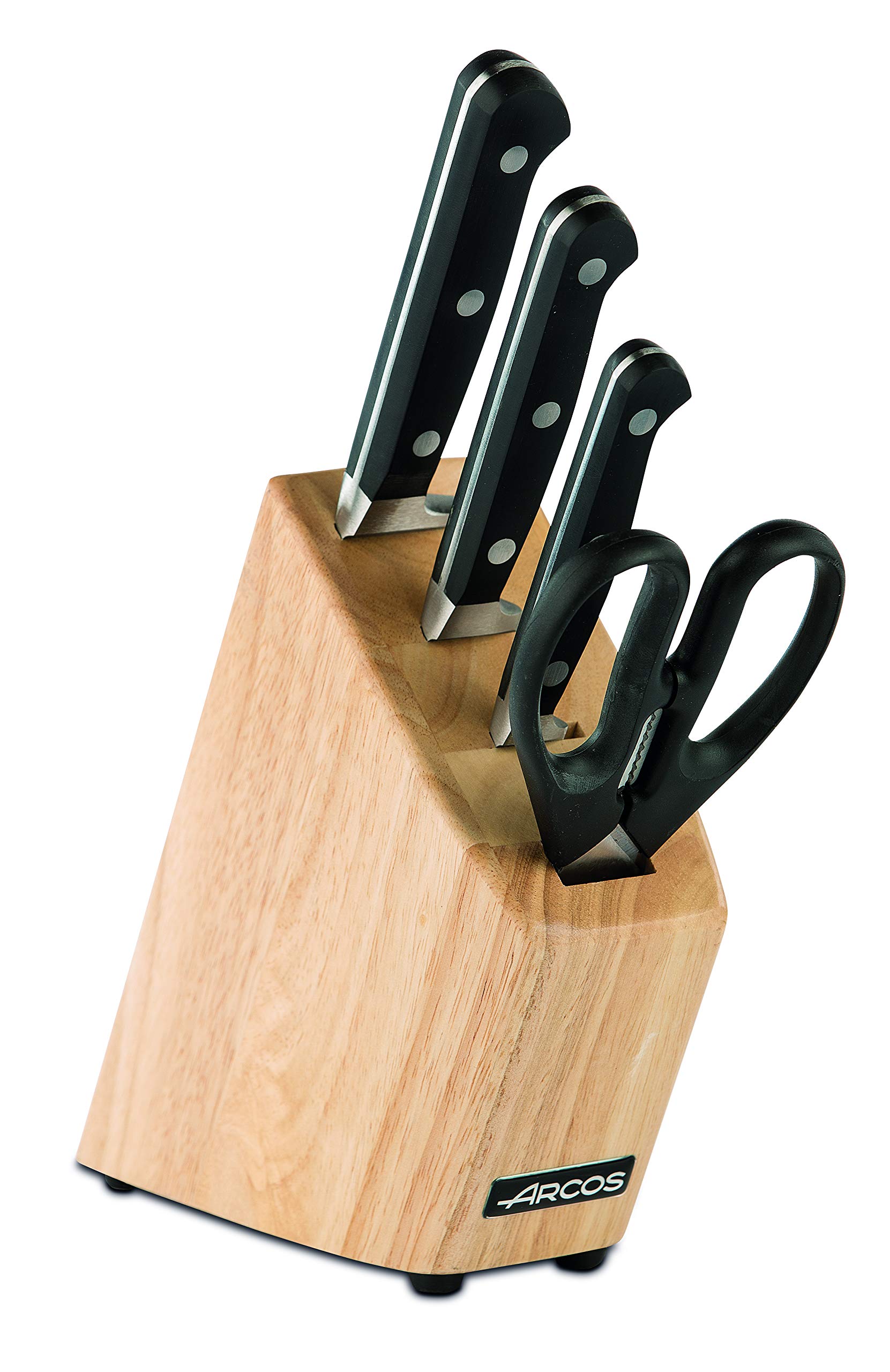 Arcos Serie Clasica, Juego de Cuchillos de 4 piezas en Caja de Regalo, 3 Cuchillos + Tijera, Hoja de Acero Inoxidable Forjado Nitrum, Mango de Polioximetileno, POM, Bloque de madera color Marrón