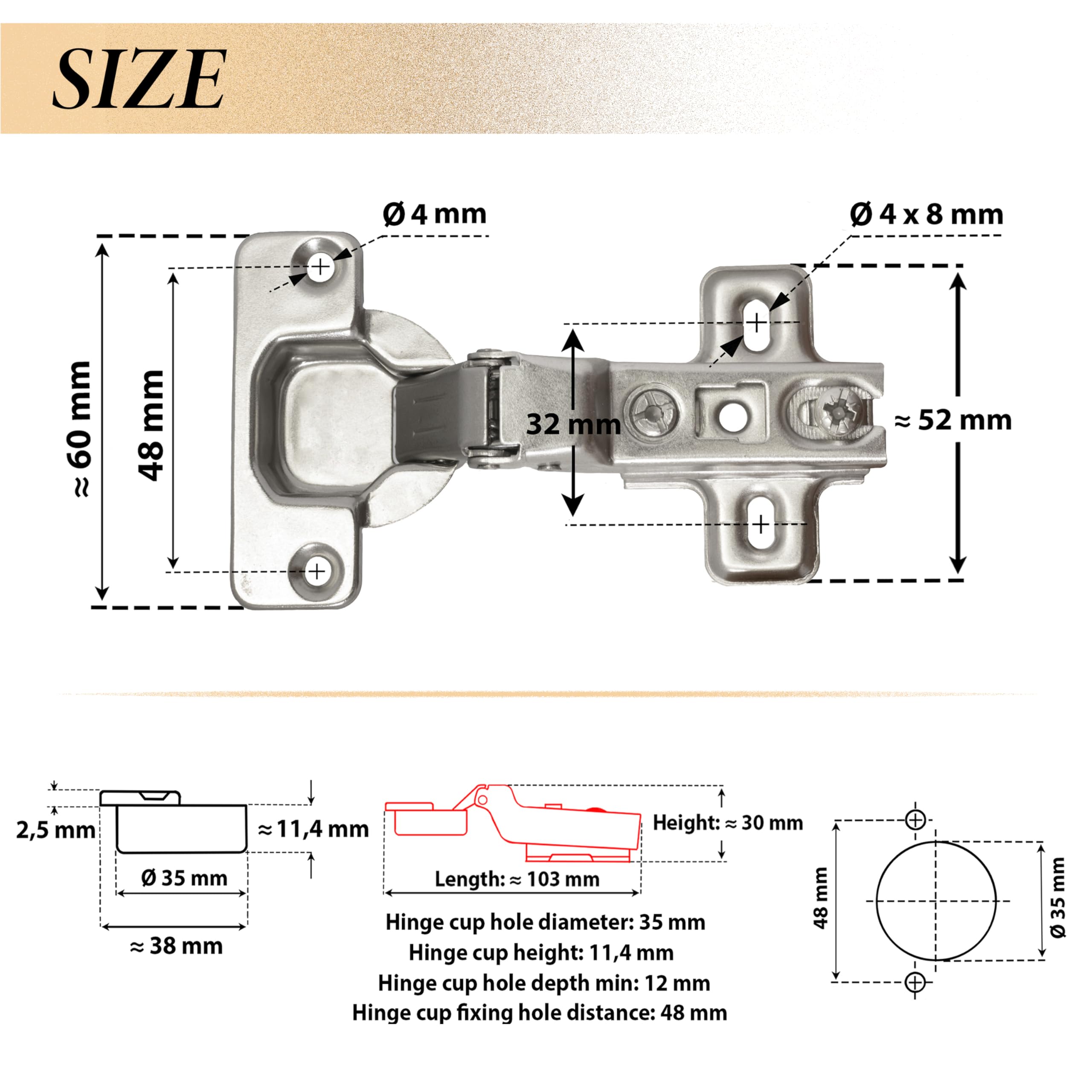 AERZETIX - Kit de 12 charnières invisibles à demi-recouvrement 110° avec gabarit de perçage Ø35 mm + foret à bois Ø35 mm + mèche à bois Ø 2.5 mm + 50 vis Ø3.5x16 et embout 1/4 PZ2