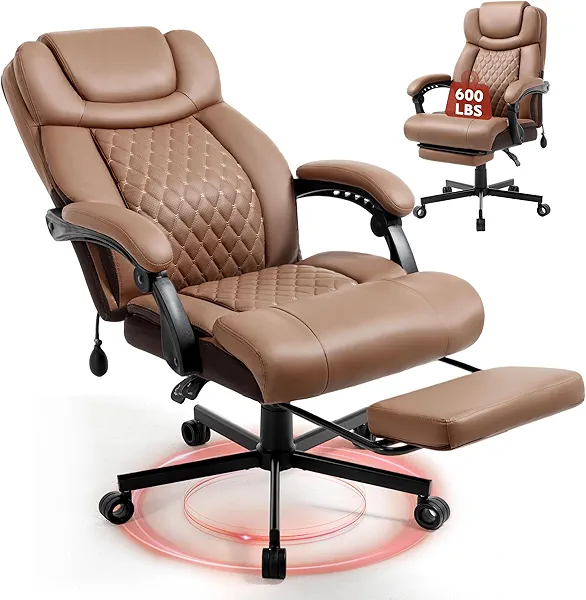 600LBS Big and Tall Office Chair for Heavy People,Large Reclining Executive Office Chairs with Foot Rest&Air-Adjust Lumbar Support,PU Ergonomic High Back Computer Chair Double Space Casters,Brown
