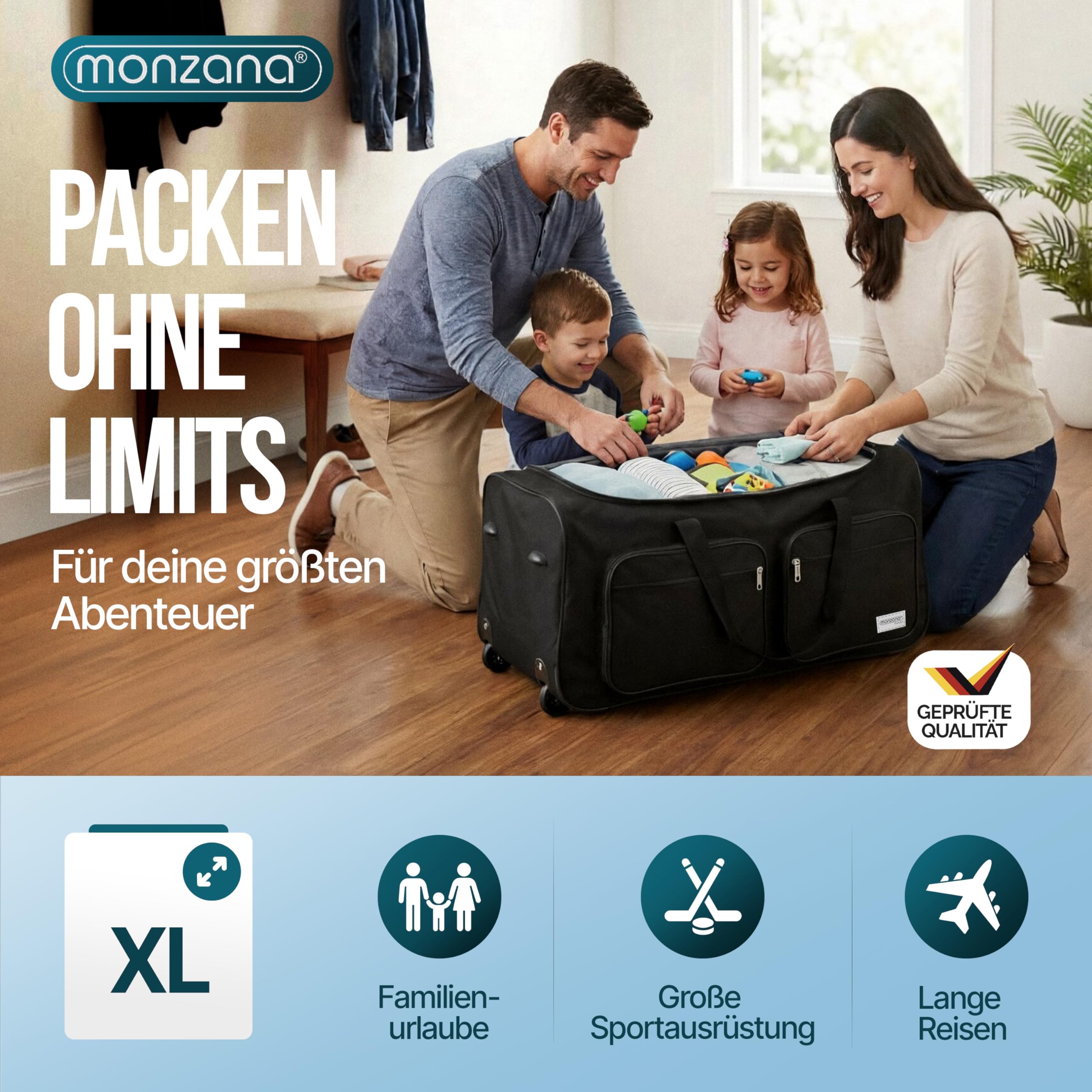 DEUBA Reisetasche | mit Trolleyfunktion | Rollen mit Kugellager | Teleskopgriff | abschließbar -【Farb-und Größenauswahl】 Sporttasche Reisetrolley Gepäcktasche, Schwarz, 85L = 70 x 36 x 34 cm (LxBxH)