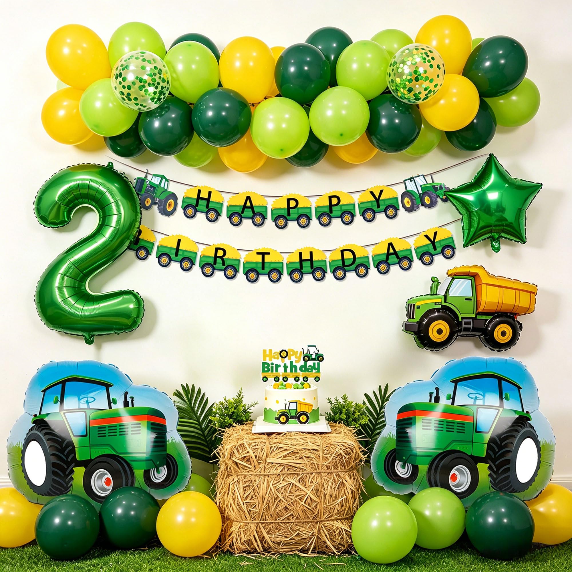 Tractor 2nd Birthday Decorations Boy Vehicle Themed Party Supplies Happy Birthday Banner Latex Number 2 Tractor Digger Balloons