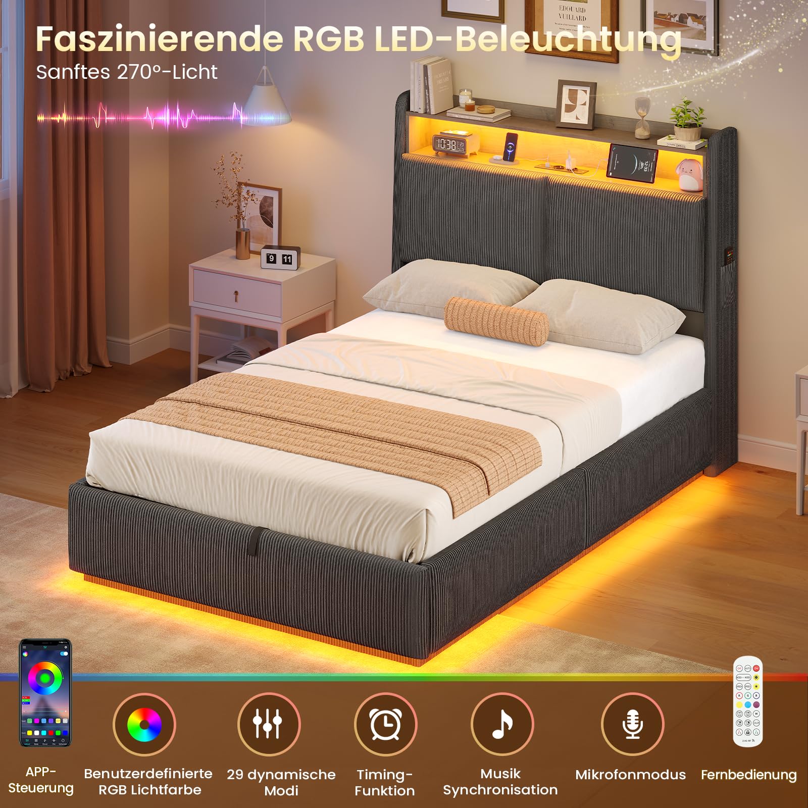 AOGLLATI Letto Singolo 90x200 CM con Contenitore Idraulico