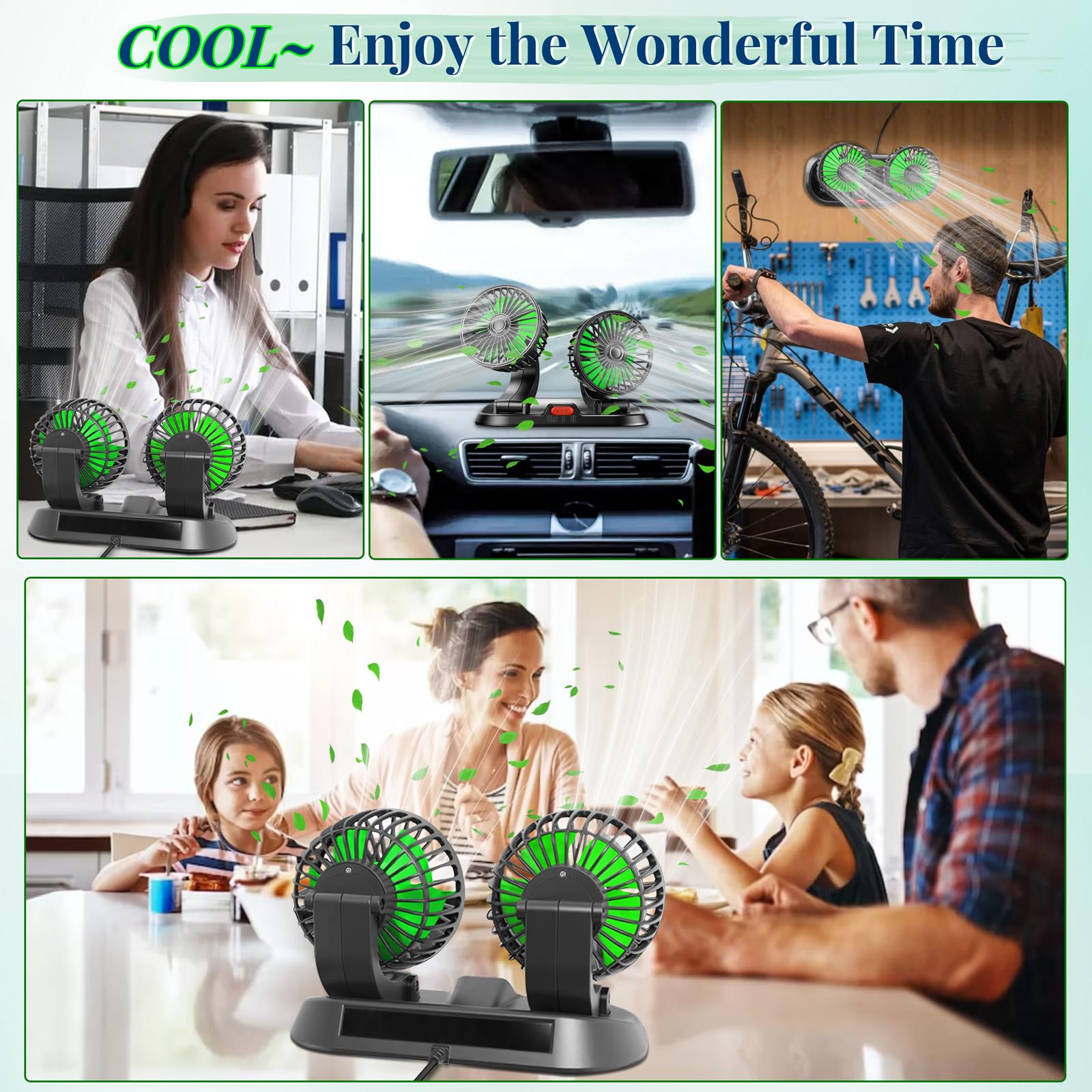 Ventilateur Double Tête pour Voiture, Ventilo de Refroidissement Portable pour Véhicule à 2 Vitesses, Ventilateur de Tableau de Bord Rotatif à 360° et Réglable pour Camion, Camping-Car, Bateau, Fourgo