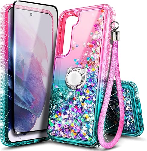 NZND Funda para Samsung Galaxy S21 FE 5G con protector de pantalla de vidrio templado (cobertura máxima), soporte para anillo, diamante líquido
