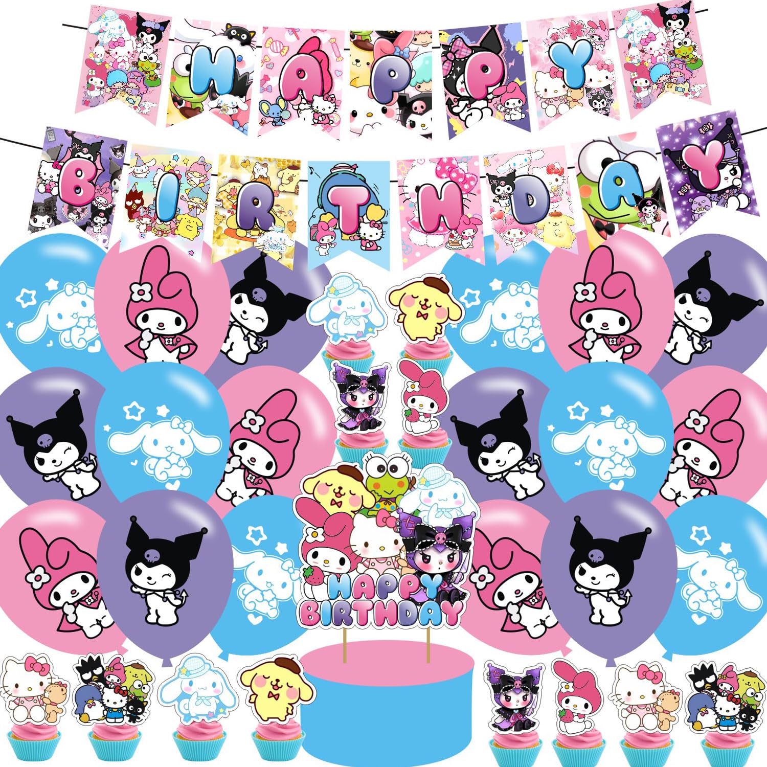 Cartoon birthday party supplies,Cute Anime party including cake caps, cupcake caps, flags, Latex Balloons, It is very suitable for birthday party supplies.