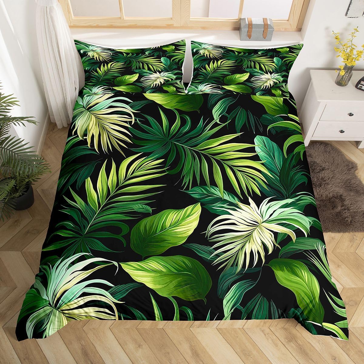 Feelyou Tropical Leaves Bedding Set Twin Size Kids Palm Tree Print Comforter Cover Set for Boys Girls Teens Leaf Pattern Duvet Cover Botanical Leaf Branches Bedspread Cover Botanical Quilt Cover