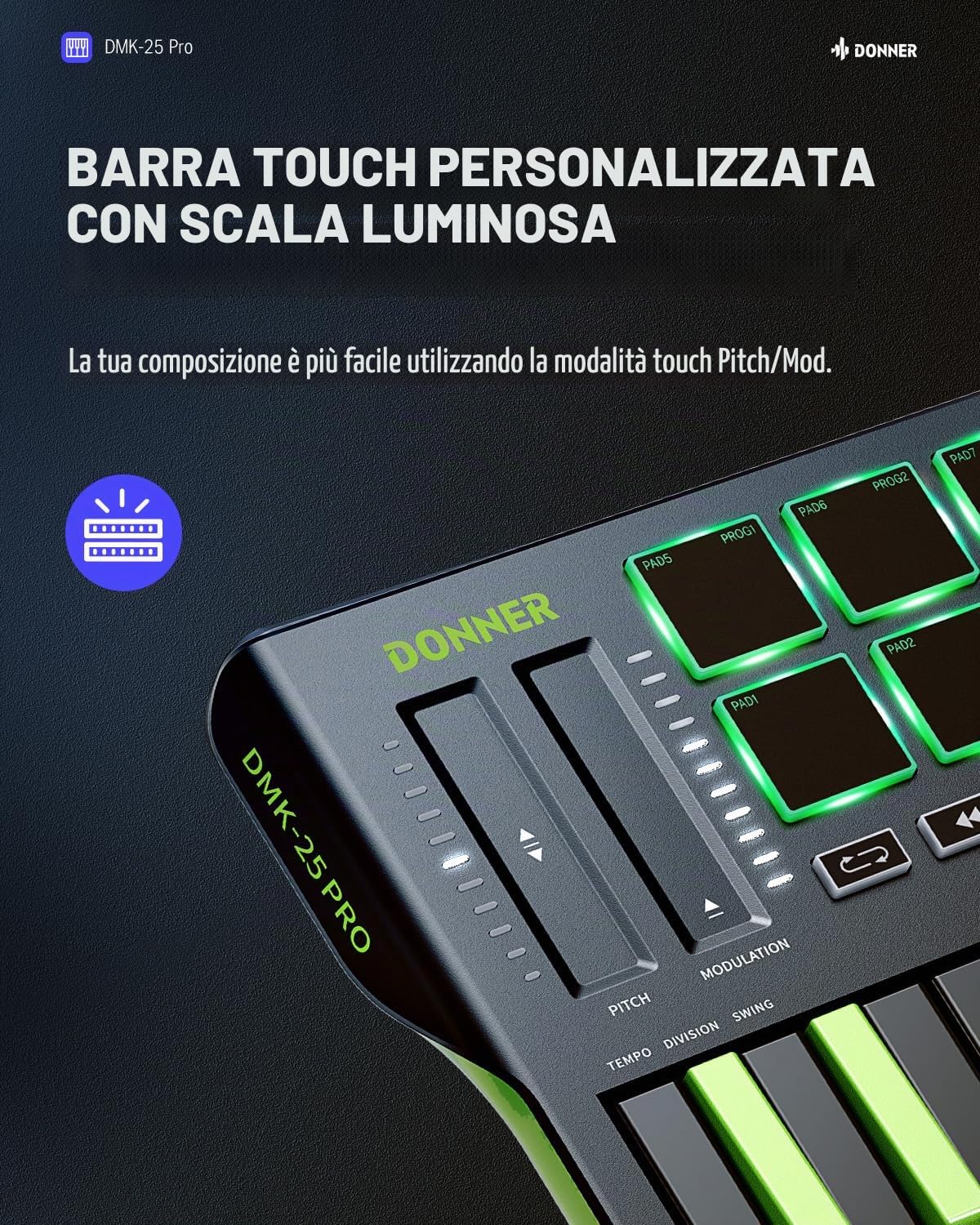 Donner DMK25 Pro - Controller MIDI per tastiera, 25 mini tasti, controller MIDI USB-C portatile con 8 drum pad, display OLED, touch bar personalizzato, software di produzione musicale e 40 corsi di