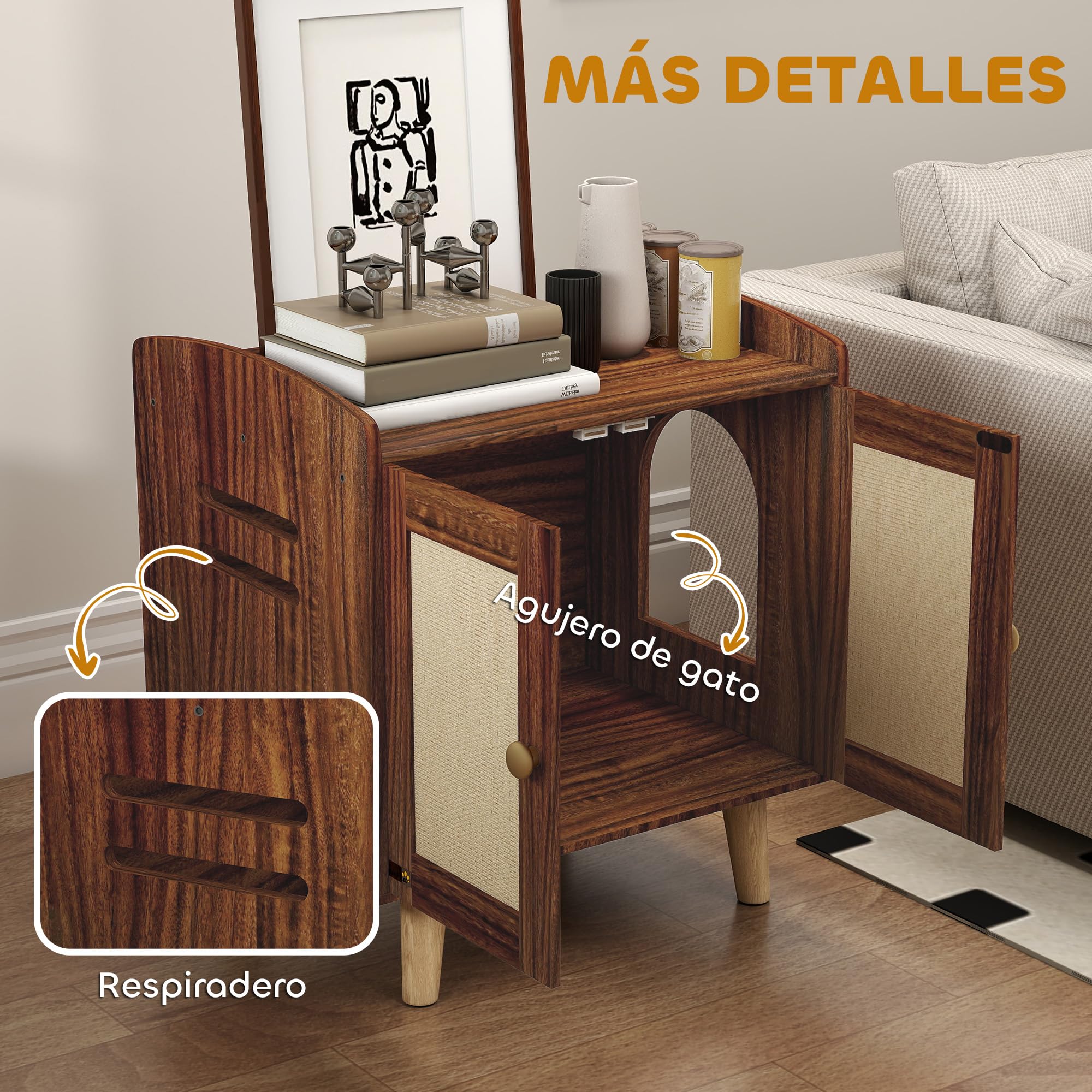 PawHut Mueble Arenero para Gatos Mesa Auxiliar 55x43x59,6 cm Marrón | Caja de Arena para Gatos, con Puertas, Esteras de Sisal, Patas de Madera, para Salón Dormitorio