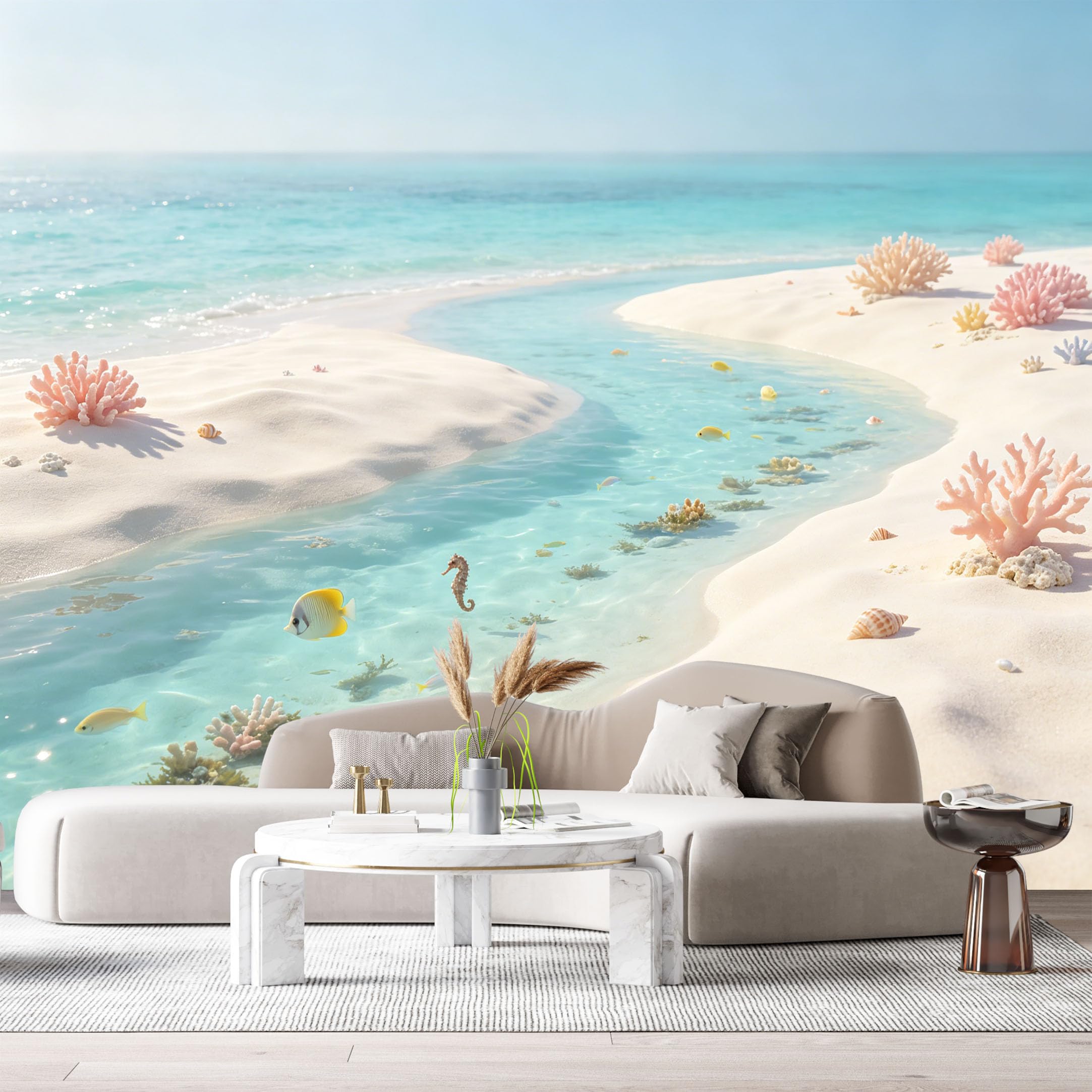 Custom Size Wall Murals Coastal Ocean Marine Tropical Beach Coral Reef Seahorse Fish SelfAdhesiveWall Fabric Removable Wallpaper Wall Decor for Living Room Bedroom Bathroom