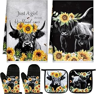 Leinuosen 6 Sunflower Cow Kitchen Towels Kitchen Decor and Accessories Set Floral Plant Oven Mitts and Pot Holders Sets Farmhouse Absorbent Dish Towels for Cooking Baking Grilling
