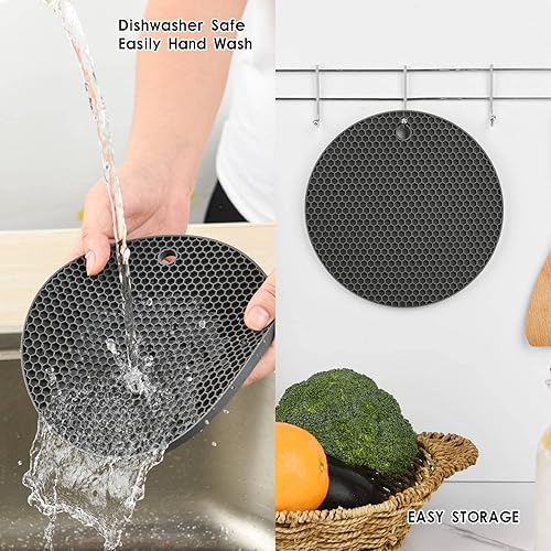 Miniatura 6 de Smithcraft Salvamanteles de silicona para platos calientes, ollas y sartenes, soportes redondos de color verde azulado, abridor de tarros y soporte