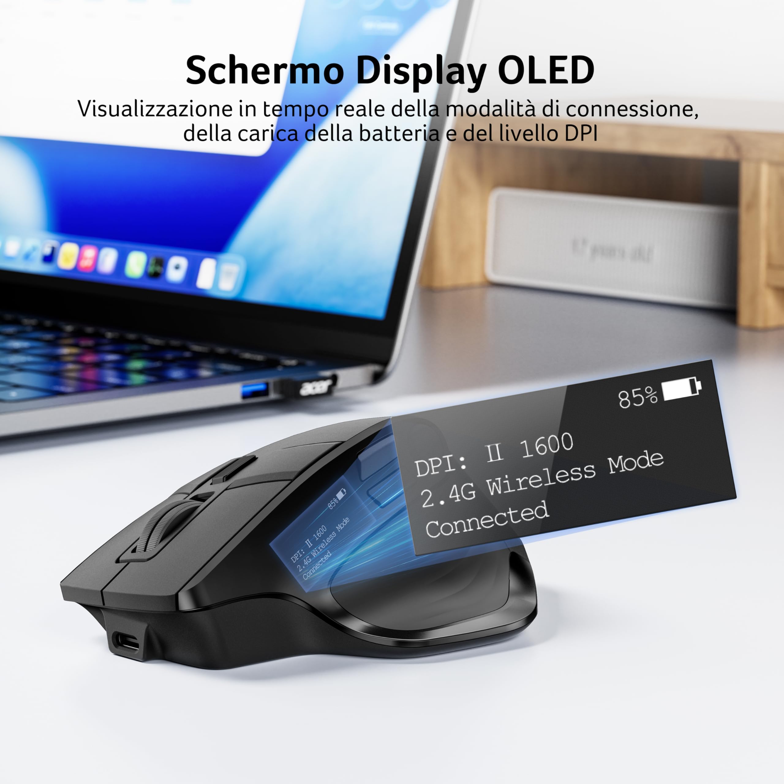 Acer Mouse Wireless Tri-Mode con Schermo OLED, Mouse Bluetooth 4000 DPI | Per 4 Dspositivi (2,4 GHz + Bluetooth 5.2 + cablato), Mouse Ergonomico Ricaricabile, 5 Pulsanti Programmabili per PC