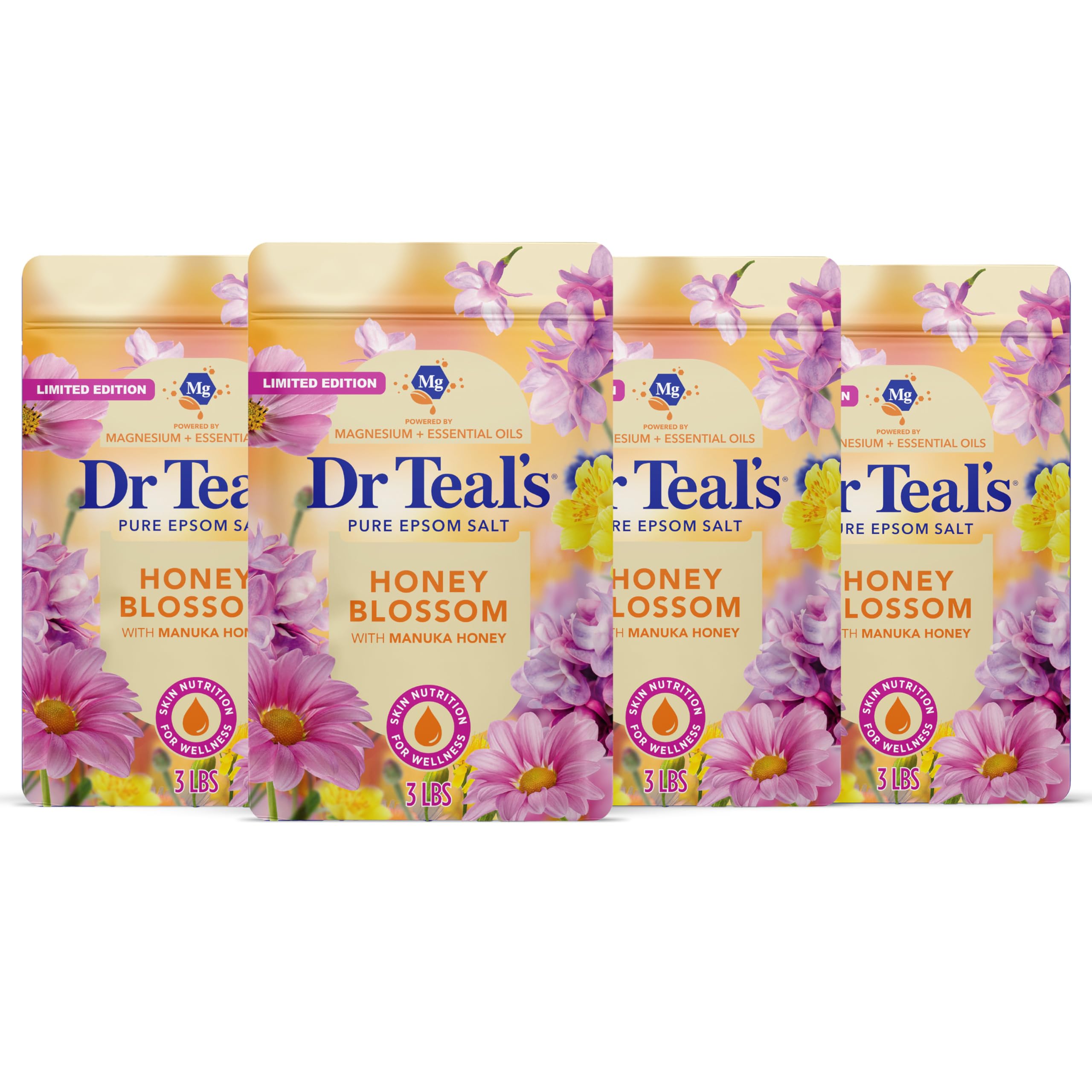 Dr Teal's Epsom Salt Magnesium Soak, Limited Edition Honey Blossom, 3 lbs (Pack of 4)