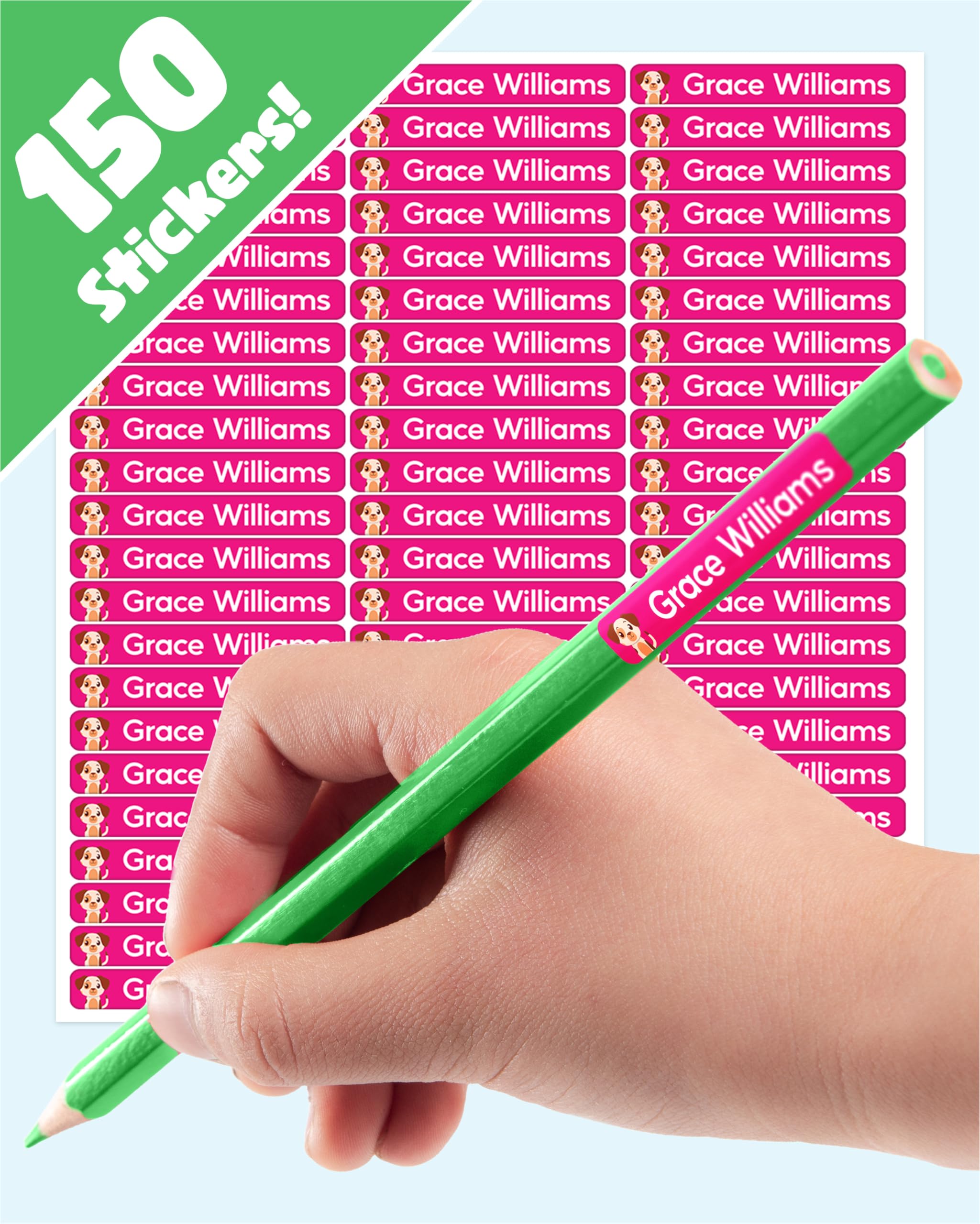 LabelTiger® Personalised Small Name Labels for School Supplies - (150 Pieces) - Self-Adhesive, No-Iron, Waterproof Tags for All Ages - Ideal for Pens, Pencils, Markers & Stationery - Pink