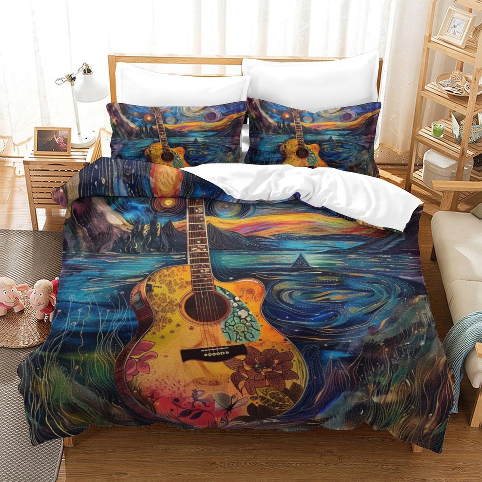 Parure de lit guitare 3D microfbre King 220x240cm avec 2 taies d'oreiller