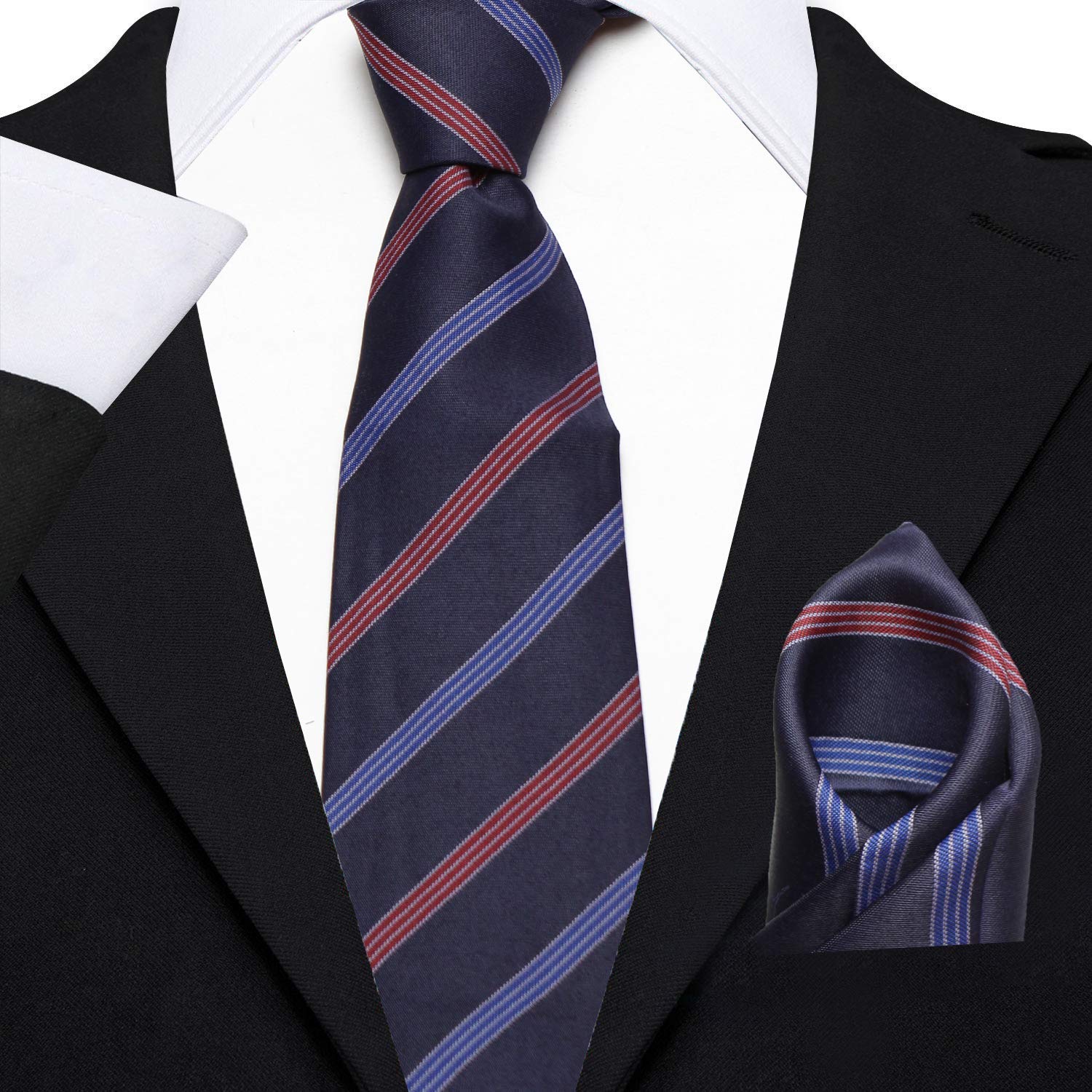 Tie for Men – Striped Silk Neck Ties Set with Cufflinks Flower Pin, Pocket Square & Black Gift Box, Combo Necktie Sets for Office Wear, Formal Suits & Weddings (Blue, Strip-21)-image-1