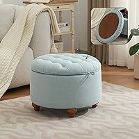 WUTUTUEE 24 Inch Round Storage Ottoman with Tray - Light Blue Tufted Fabric Coffee Table, Hidden Storage Footstool for Living Room Bedroom
