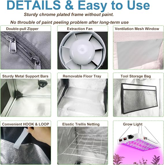 4x4 Grow Tent Kit, Complete High Reflective Mylar Indoor Grow Tent 48x48x83+ LED Grow Light Combo, Hydroponics Indoor Plant Growing Tent System with Carbon Filter