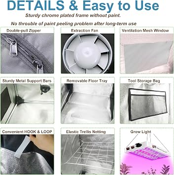 4x4 Grow Tent Kit, Complete High Reflective Mylar Indoor Grow Tent 48x48x83+ LED Grow Light Combo, Hydroponics Indoor Plant Growing Tent System with Carbon Filter