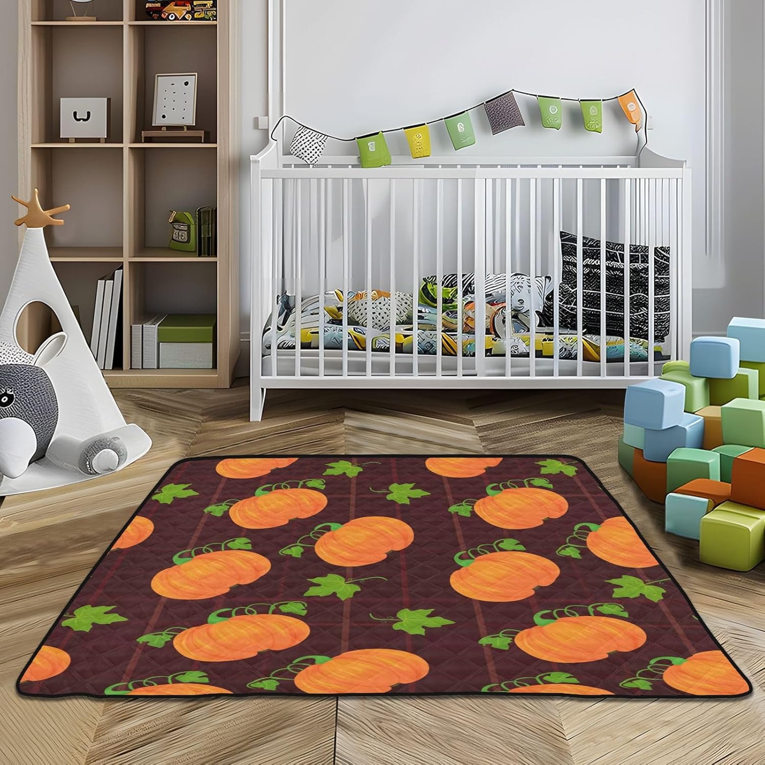 Doodle Pumpkins & Leaves Baby Play Mat, 50“ X 50” Washable Folding Crawling Mat, Baby Floor Mat, Soft, Non-Slip