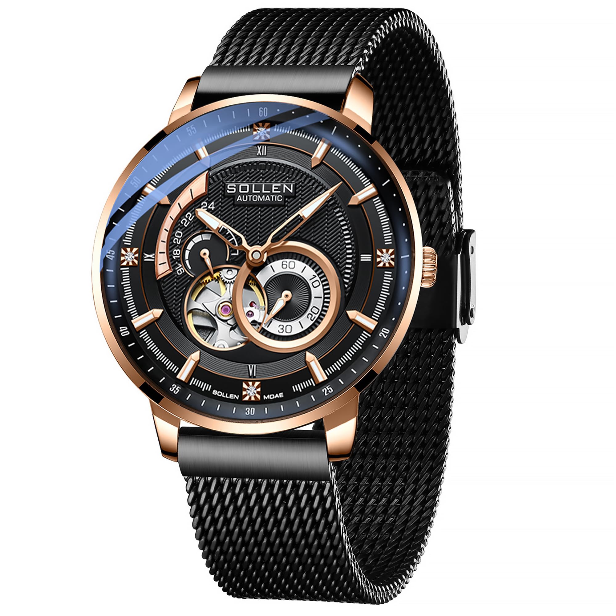 SOLLEN Skelett Automatik Uhr Herren,Automatische Herrenuhren mit Sekundenzeiger & 24-Stunden-Rufnummer,Minimalistische Herrenuhr Luxus,Originales Mechanisches Uhrwerk,Klassische Uhrengeschenk für Mann