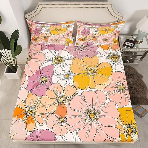 Miniatura 4 de Groovy - Juego de sábanas de flores con bolsillo profundo de los años 60S, 70S, 80S, flores hippie, rosa, morado, amarillo, retro, floral, bohemio,