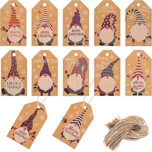 SallyFashion 120PCS Christmas Gnome Tags with String, 12 Styles Gift Tags Kraft Paper Tags Bulk Unique Christmas Labels with Twine for DIY Xmas Wedding Holiday Party Supplies