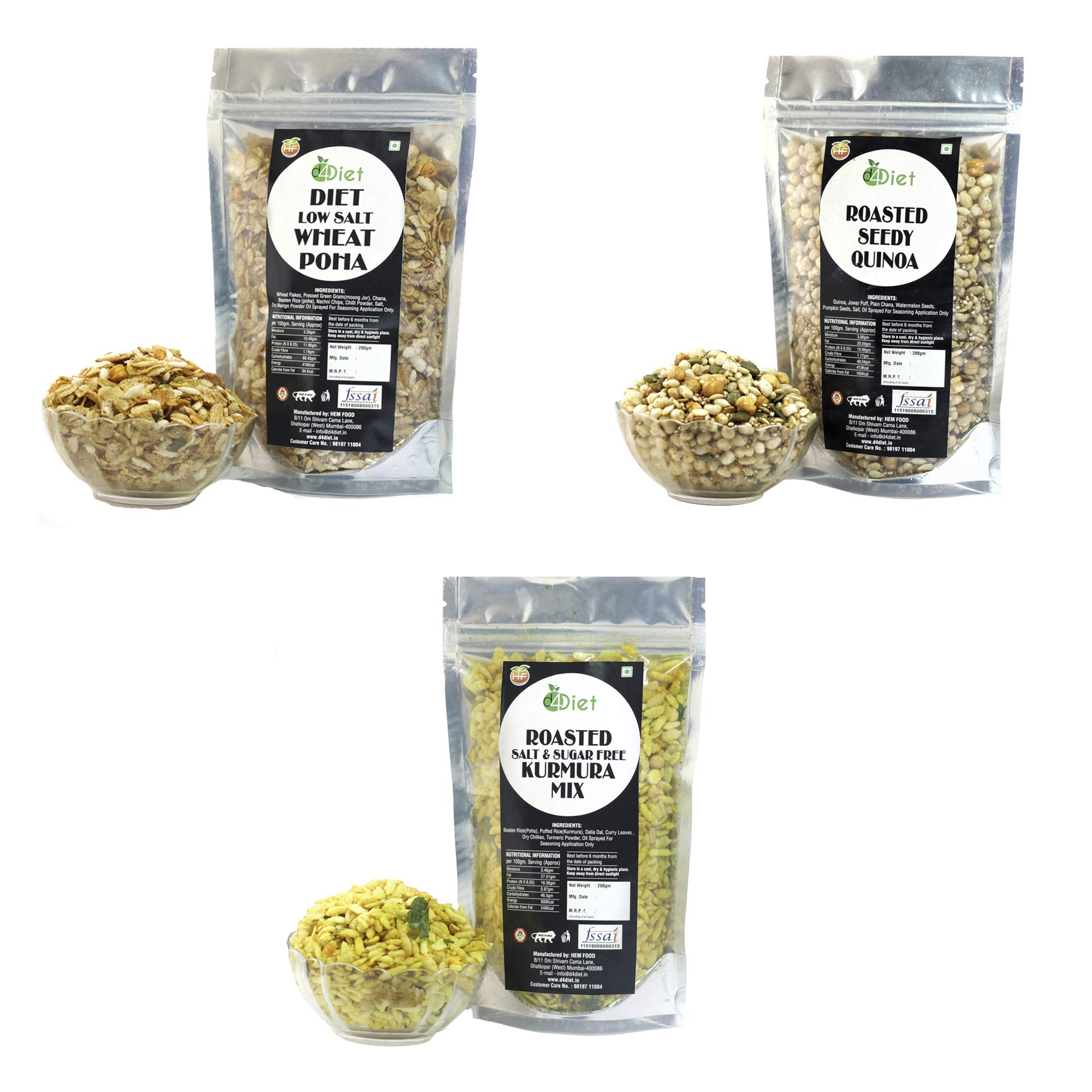 D4DIET Diet Low Salt Wheat Poha + Roasted Seedy Quinoa + Roasted Salt & Sugarfree Kurmura Mix 600 gram (Combo Pack)