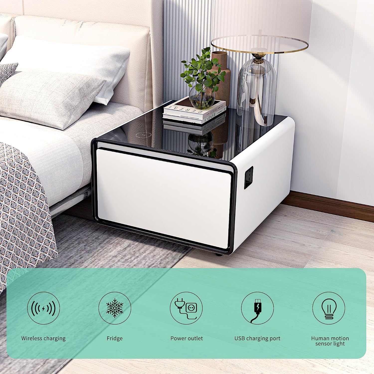 Smart Coffee Table with Fridge, Smart Coffee Table with Wireless Charging Station, Temperature Control, Power Socket, USB Ports, Outlet Protection and Induction Light, Fridge Coffee Table, White