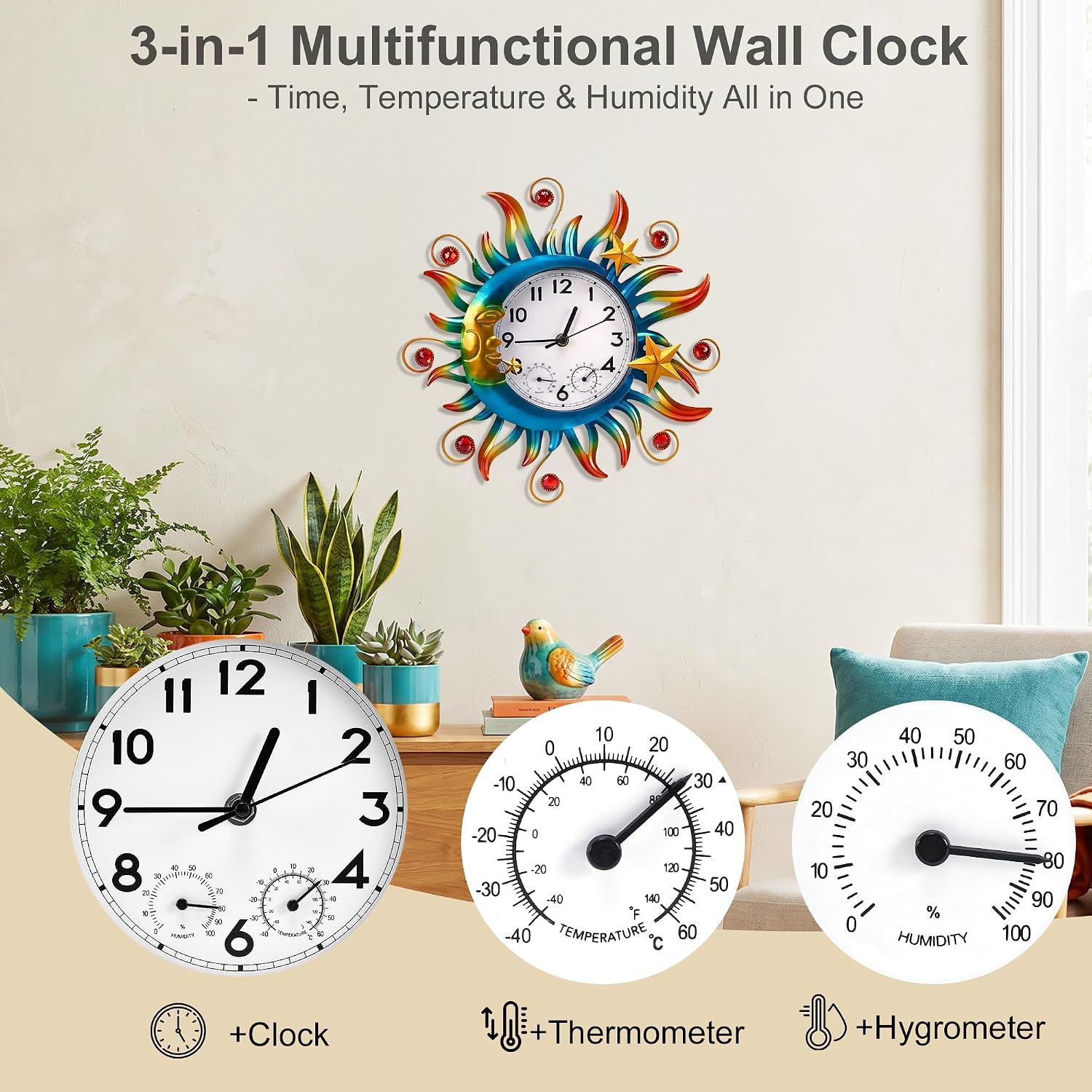 Sun and Moon Outdoor Clocks for Patio Waterproof, Outdoor Wall Clock Thermometer Combo, 13 Inch Silent Non-ticking Decorative Clock with Temperature, Decor for Garden, Living Room and Kitchen image 5