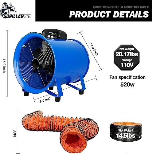 Miniatura 4 de GORILLASPRO Ventilador axial resistente (520W) con conducto telescópico de PVC 32.8 ft