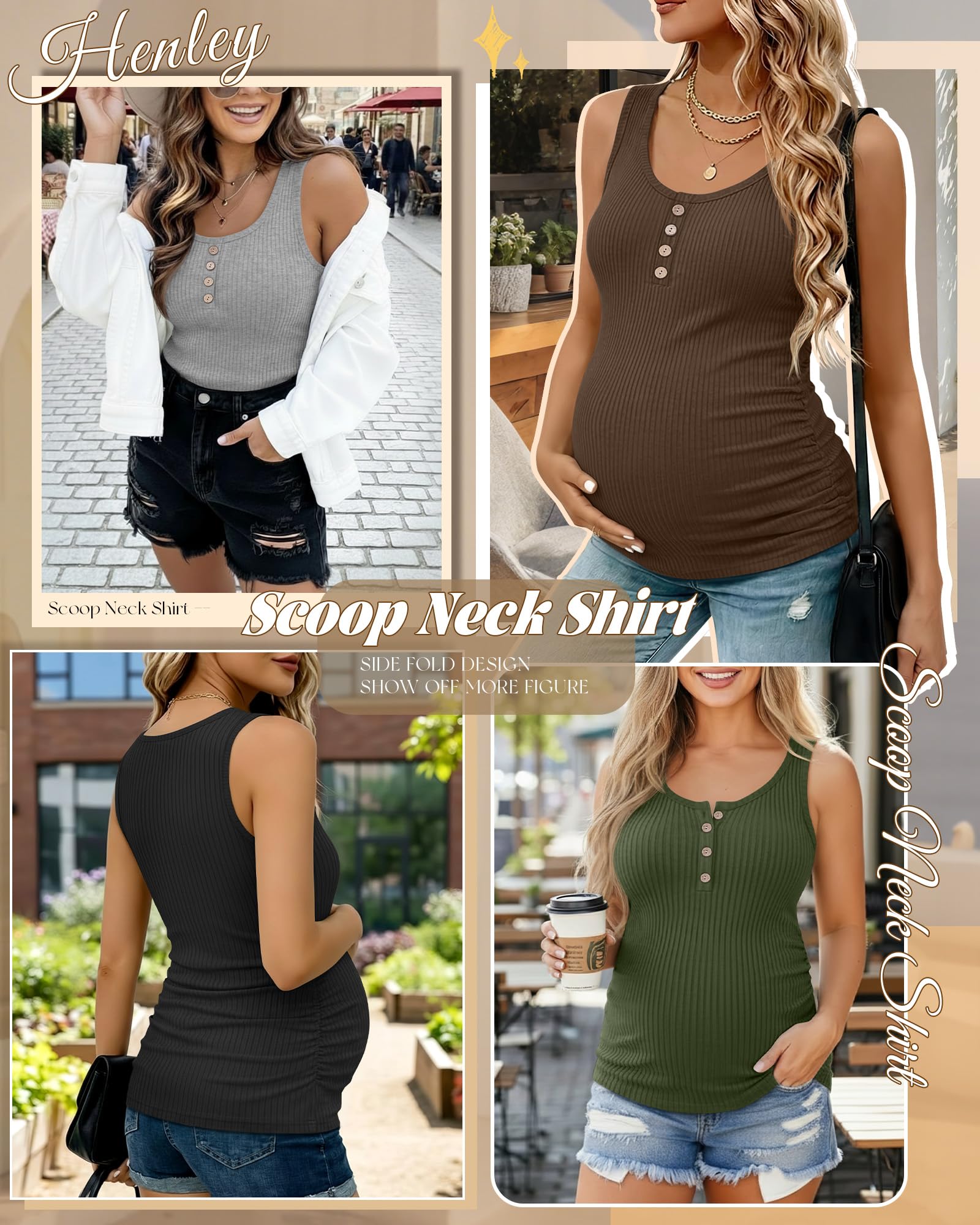 Xuniea Conjunto de 4 Regatas Femininas de Gestante Estilo Henley Em Algodão Com Decote Redondo, Detalhe Franzido Lateral e Sem Mangas