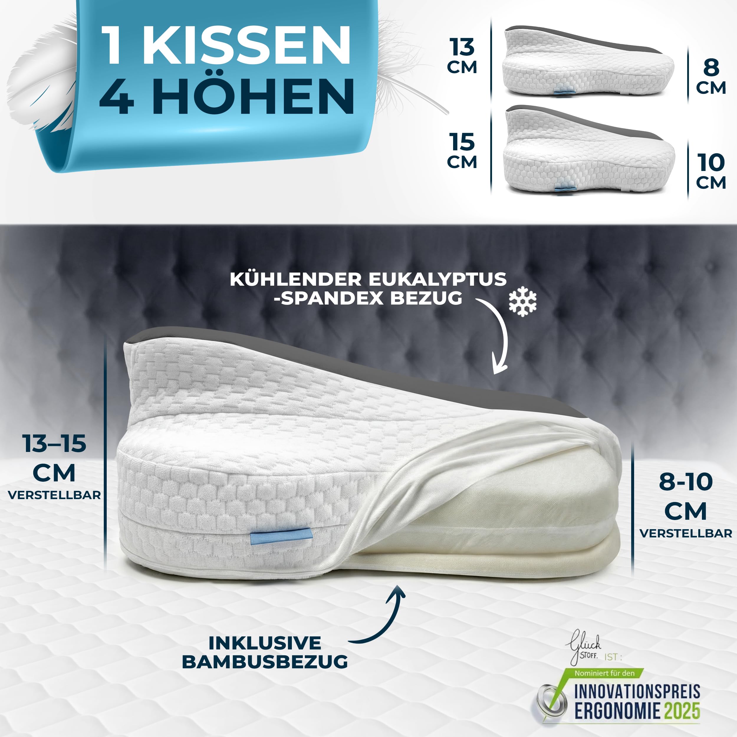 Glückstoff® Ergonomisches Kissen [Innovationspreis für Ergonomie nominiert] Kopfkissen aus Memory Foam | Ergonomisches Nackenkissen Nackenrolle Seitenschläferkissen Grau