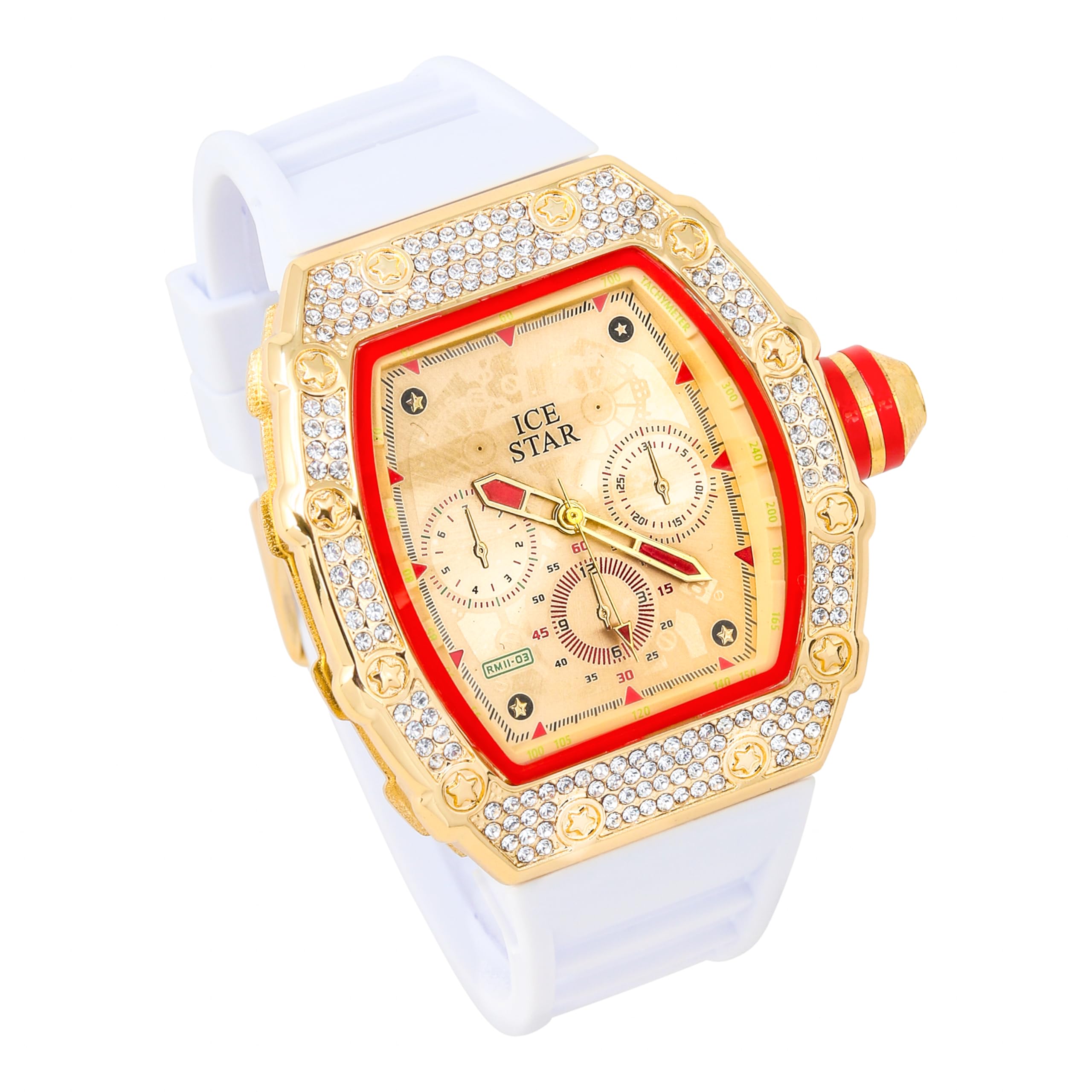 ICE STAR Men's 45mm Iced Out Tonneau Shape Watch, Silicone Band - Gold White Dial