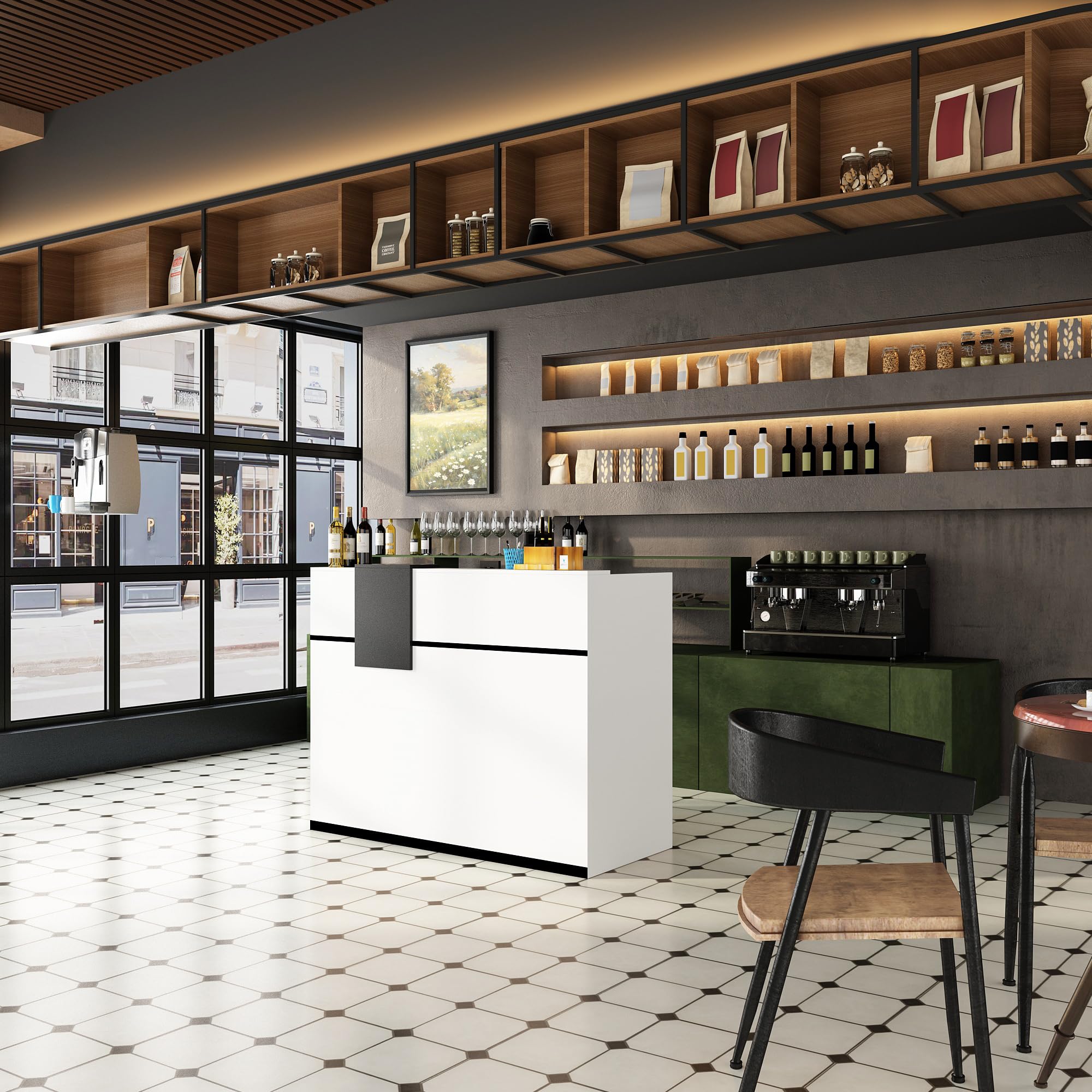 Banco di reception, banchi di reception, banchi di ricevimento, bancone con cassetti e armadi chiudibili, bancone con ripiani aperti regolabili, 140 x 60 x 110 cm, MDF