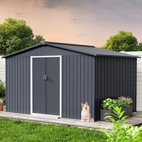 Acekool 10x10 FT Outdoor Metal Storage Shed, Large Garden Tool Shed with Lockable Door and Vents, Waterproof Galvanized Metal Sheds for Tools & Equipment, Garbage Can, Bike, Mower, Gray
