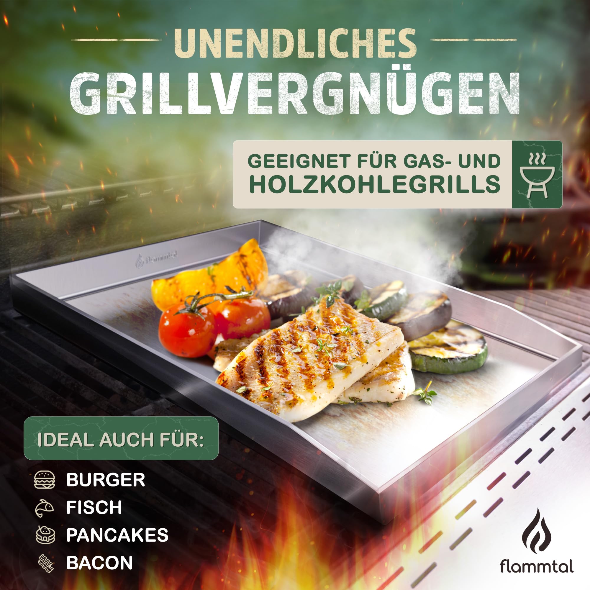 flammtal - Grillplatte aus 4mm rostfreiem Edelstahl [40 x 30cm] - Plancha mit Grillspachtel Set & Burgerpapier - passend für Gas- & Kohlegrill - auslaufsichere Ecken für sauberes Grillen