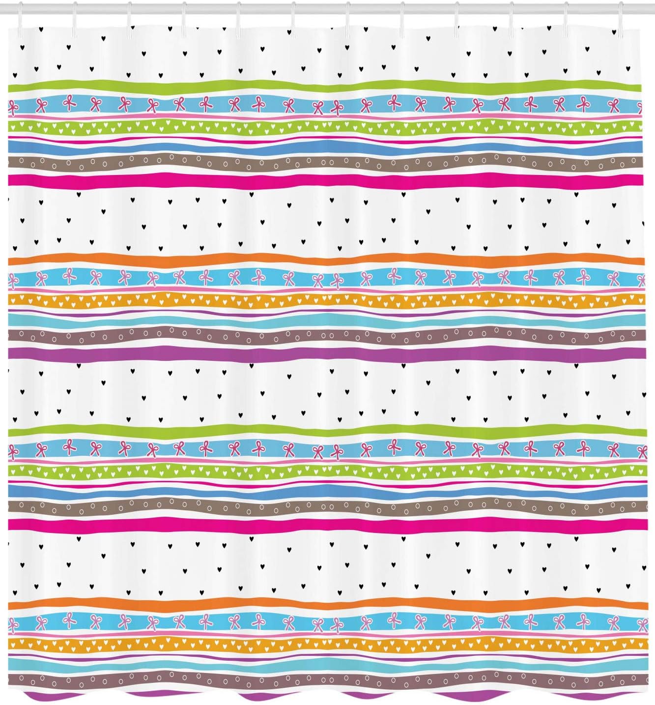 Ambesonne Striped Shower Curtain, Abstract Wavy Stripes Polkadots Ribbons Bows and Hearts Girly Patterned Artwork, Cloth Fabric Bathroom Decor Set with Hooks, 69" W x 70" L, Multicolor