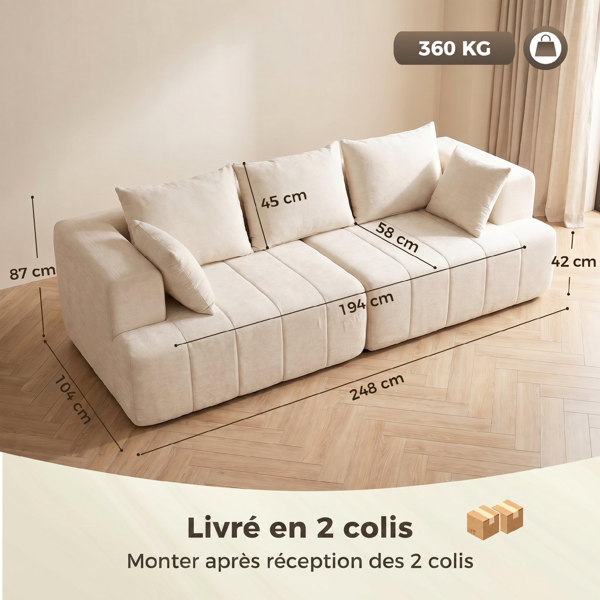HOMCOM Canapé 3 Places en Chenille 248 cm Large Assise Rembourrée Beige