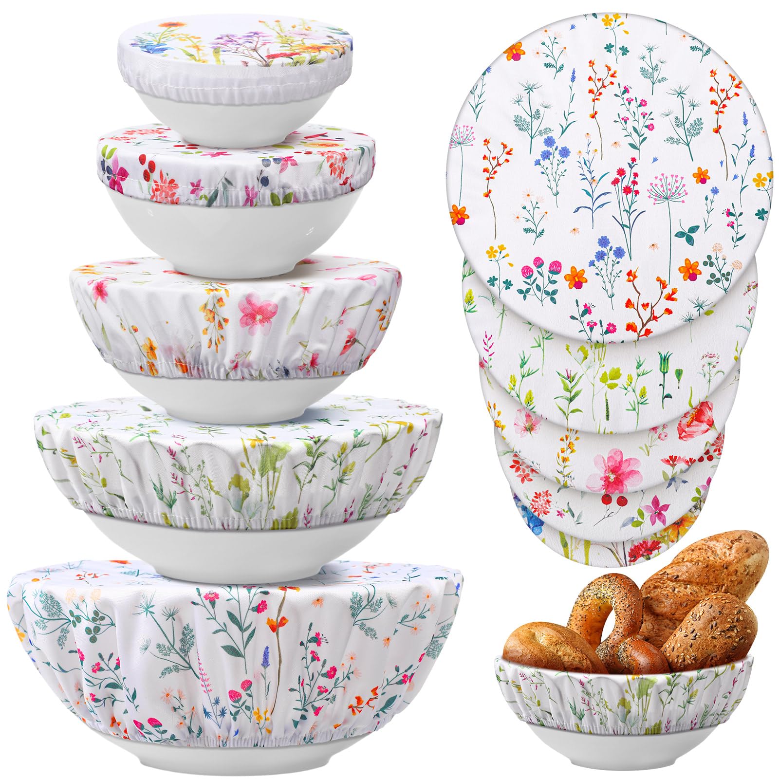 Patelai 10 Pcs Bowl Covers Reusable in 5 Size Fabric Stretch Dish Covers