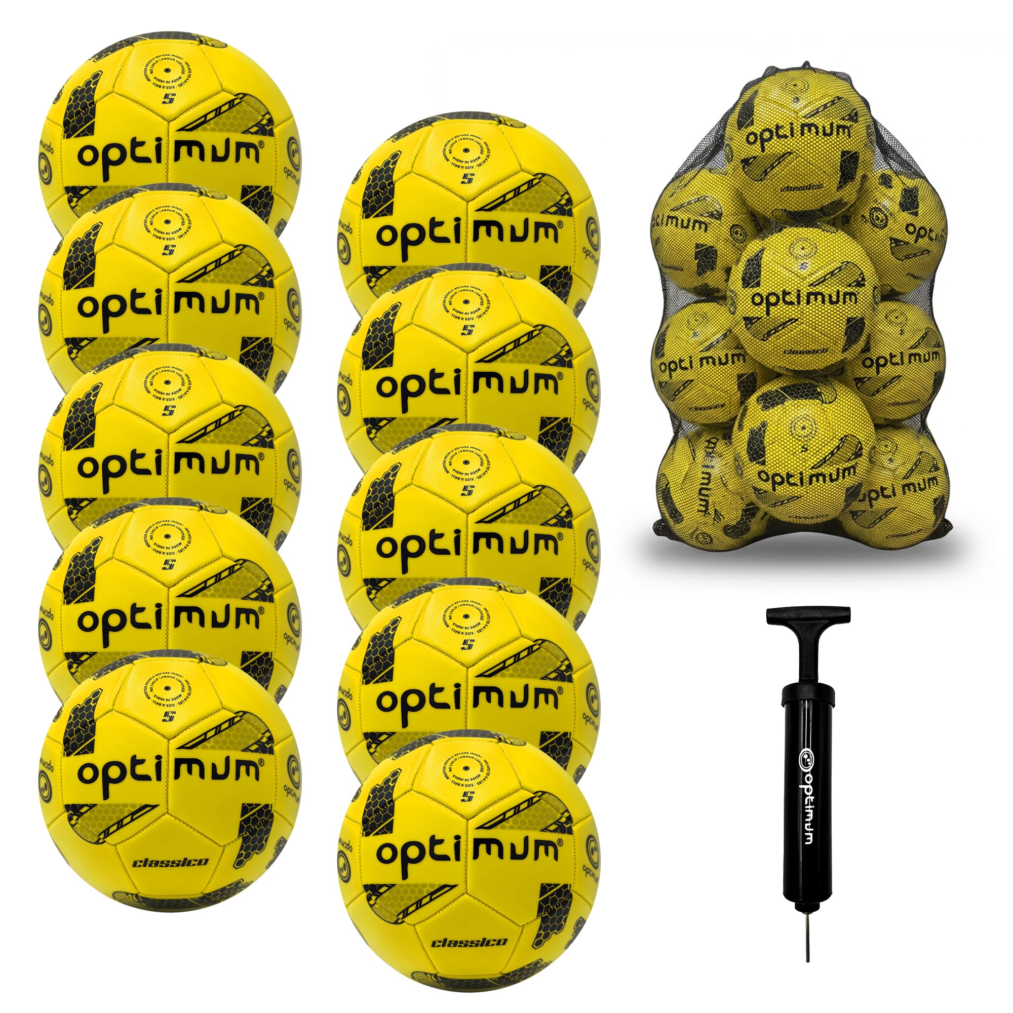 Optimum Sport Classico Football Bulk Pack with Bag & Ball Pump for Indoor/Outdoor Training & Matches, Durable Valve for Consistent Flight & Lasting Air Retention – 10 Pack, Size 5, Yellow