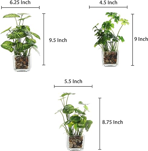 Miniatura 4 de MyGift Juego de 3 plantas artificiales, vegetación de mesa sintética con macetas de vidrio transparente de 4 pulgadas, color azul cobalto, cerámica