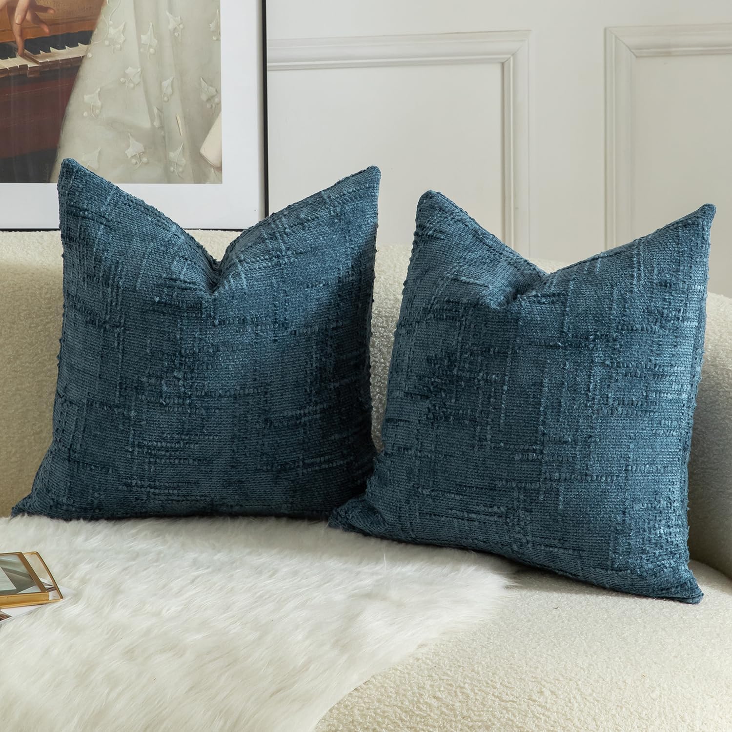 MANDIOO Pack of 2 Soft Chenille Textured Throw Pillow Covers Square Accent Solid Decorative Cushion Cover Cozy Farmhouse Pillow Case for Couch Sofa Bed Living Room 26x26 Inch Navy Blue