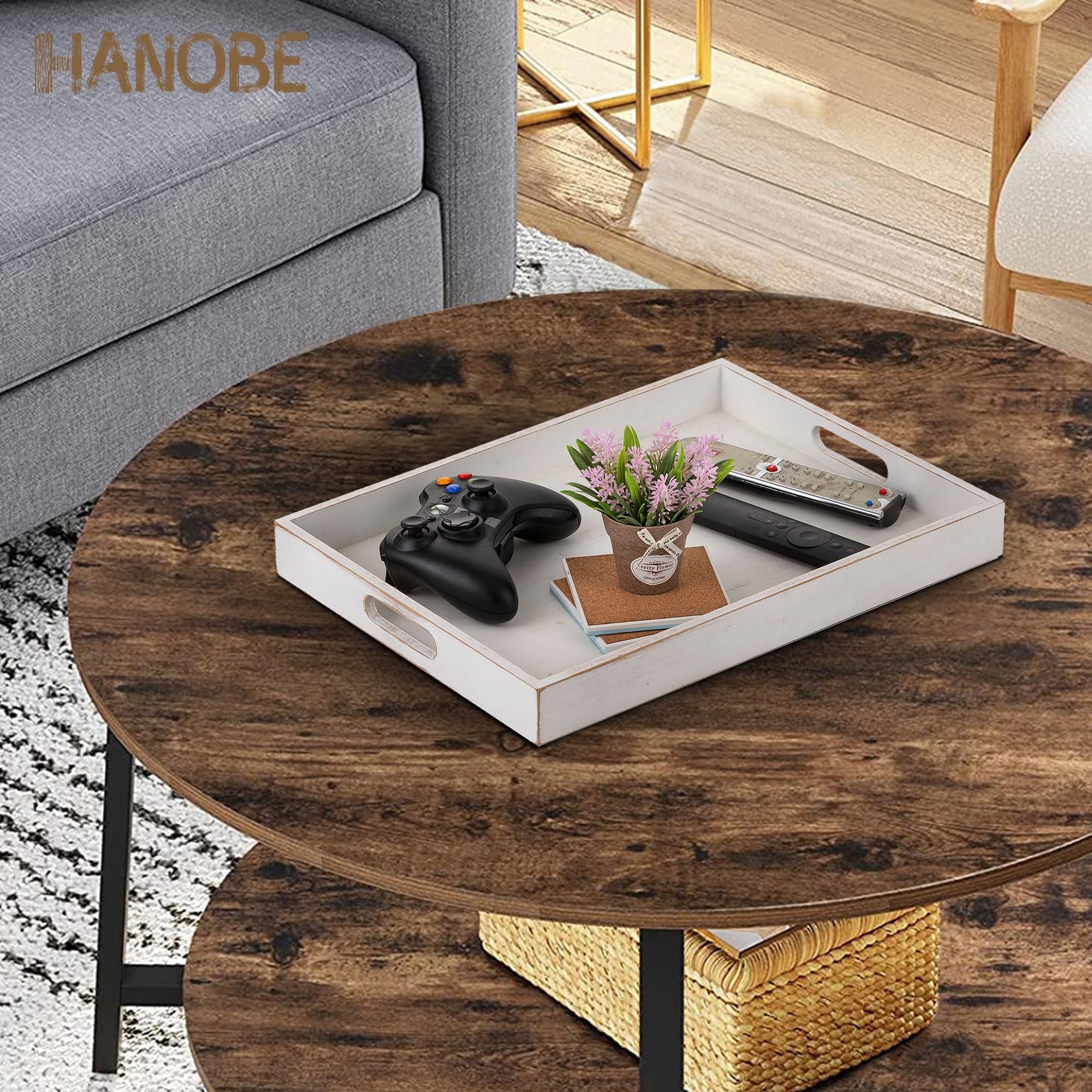 Vassoio In Legno Hanobe Stile Bohémien - Portaoggetti Decorativo Con Manici Per Pouf E Centrotavola - Foto 2