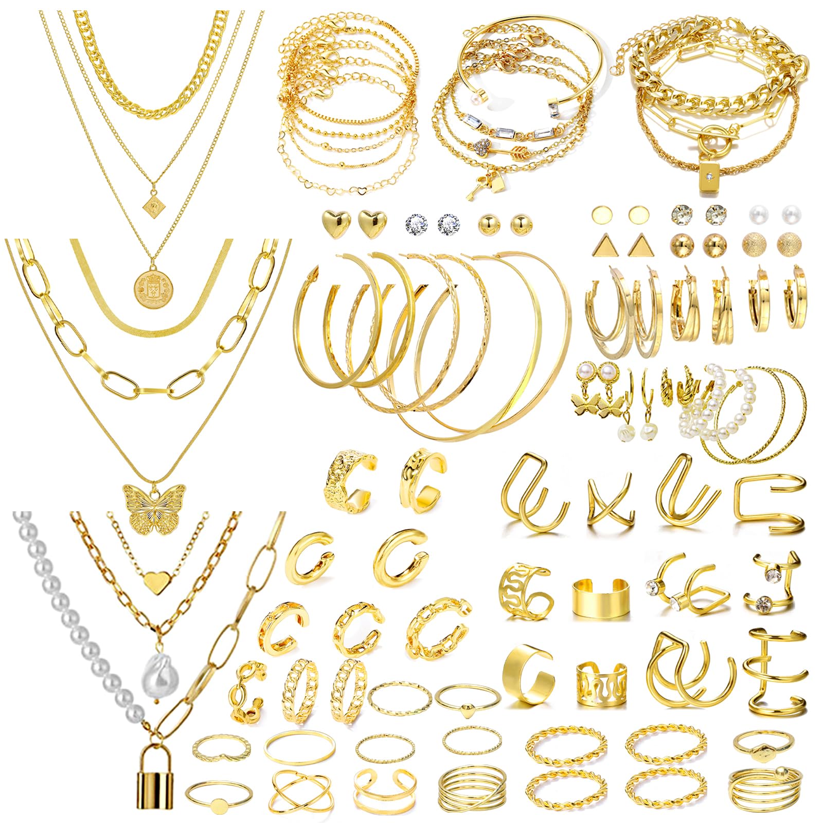 NEWITINNEWITIN 73 Pieces Gold Jewelry Set for Women Fashion Costume Jewelry Gold Plated Necklace Bracelet Ring Gold Earrings Set for Women