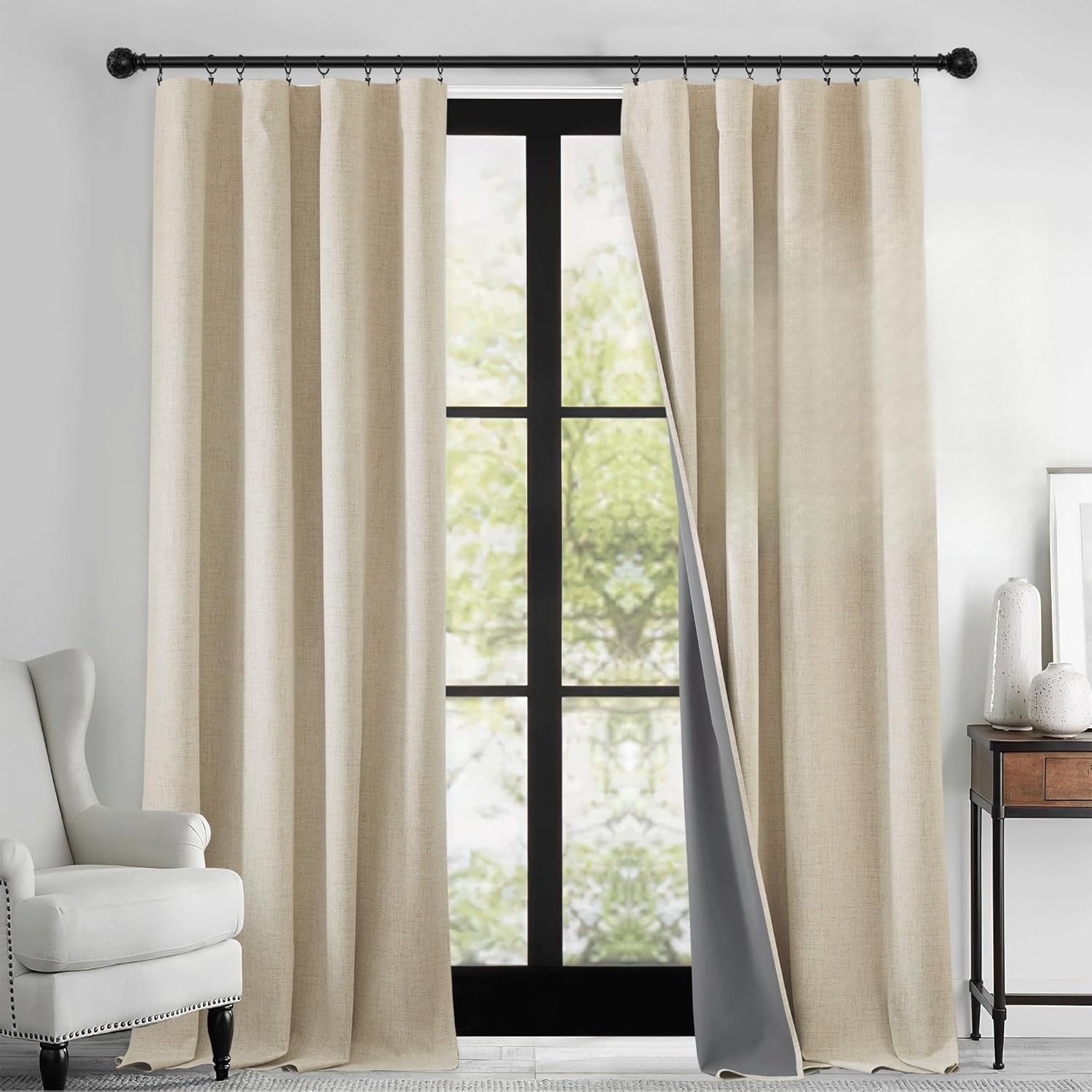 RYB HOME 100% Blackout Linen Textured Curtains 108 inches Long, Thermal Insulating Privacy Energy Saving for Bedroom Living Room Window Office Theater Patio Door, W 52 x L 108 in, Linen, 2 Panels
