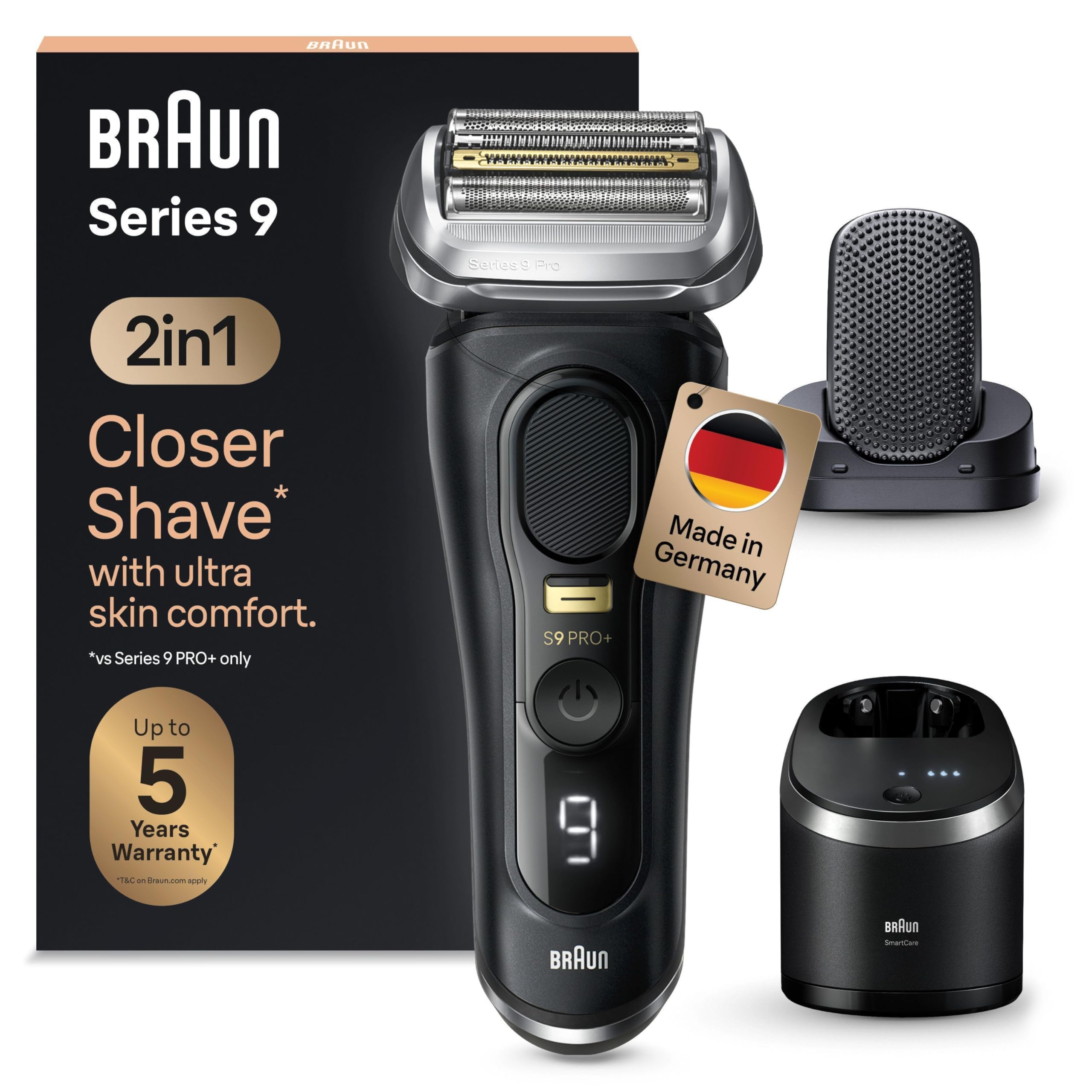 Braun Series 9 Pro + elektryczna golarka męska z elementami golącymi 5 Pro, nasadka ProComfort, system 2 w 1, stacja czyszcząca, czas pracy 60 min, wyprodukowano w Niemczech, 9590 cc, czarna
