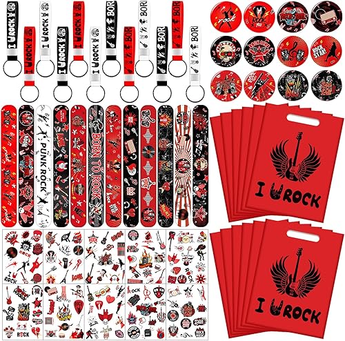 Recuerdos de fiesta de Rock and Roll, decoraciones de suministros de estrella de rock incluye 12 llaveros, 12 insignias, 12 pulseras, 12 bolsas, 12