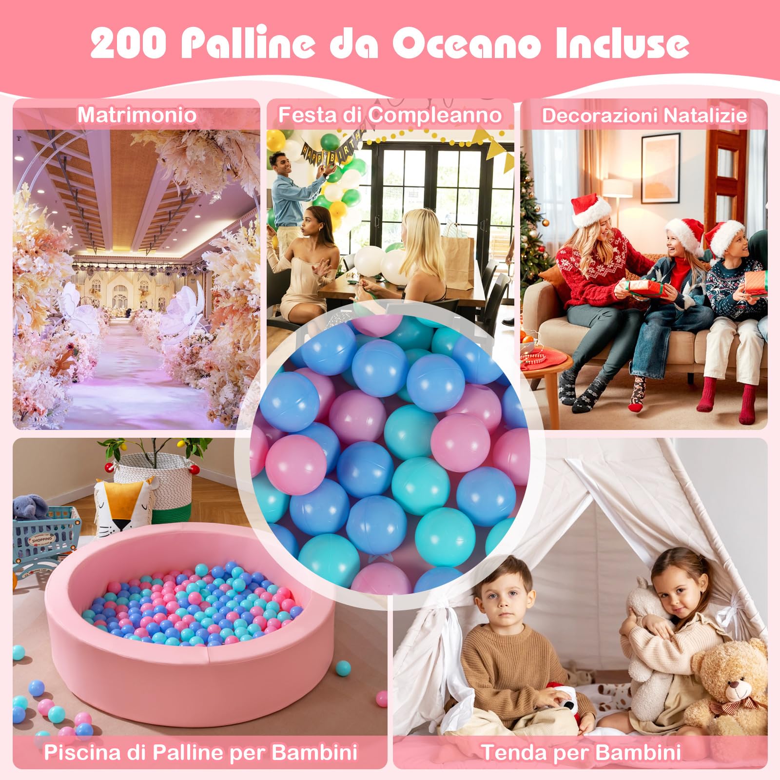 COSTWAY Piscina di Palline per Bambini, Vasca Rotonda con 200 Palline Colorate, Sacchetto in Rete e Copertura Rimovibile, Piscinetta in Morbida Schiuma per Soggiorno e Camera di Bambino (Rosa)