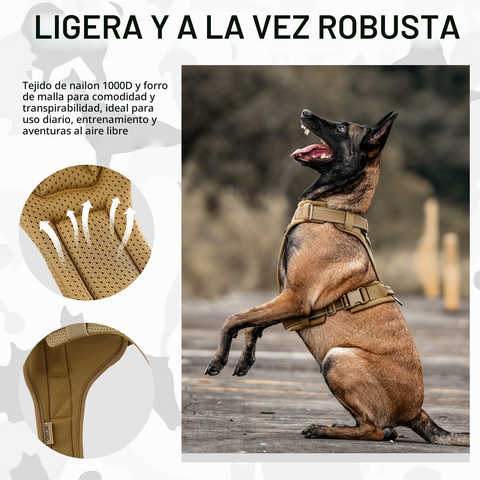 OneTigris arnés para perros, Diesel ajustable táctico acolchado suave para perros medianos y grandes con reflectante, 1 asa, 3 anillos en D (Marrón, M)